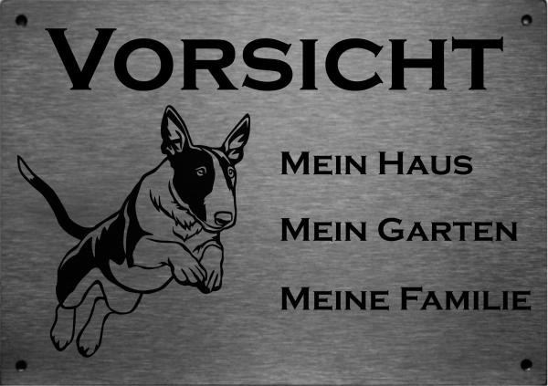 Edelstahl Warnschild Bullterrier VORSICHT Mein Haus mein Garten meine Familie